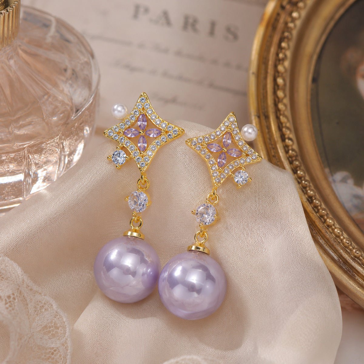 Opulent Amethyst Pearl Earrings - Gold Plated - Abbott Atelier