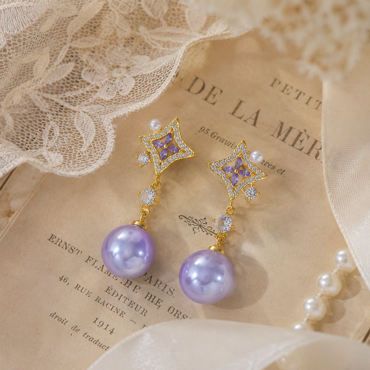 Opulent Amethyst Pearl Earrings - Gold Plated - Abbott Atelier