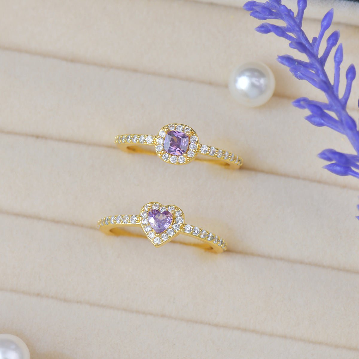 Pavé Halo Heart Amethyst Ring - Gold-Plated - Abbott Atelier