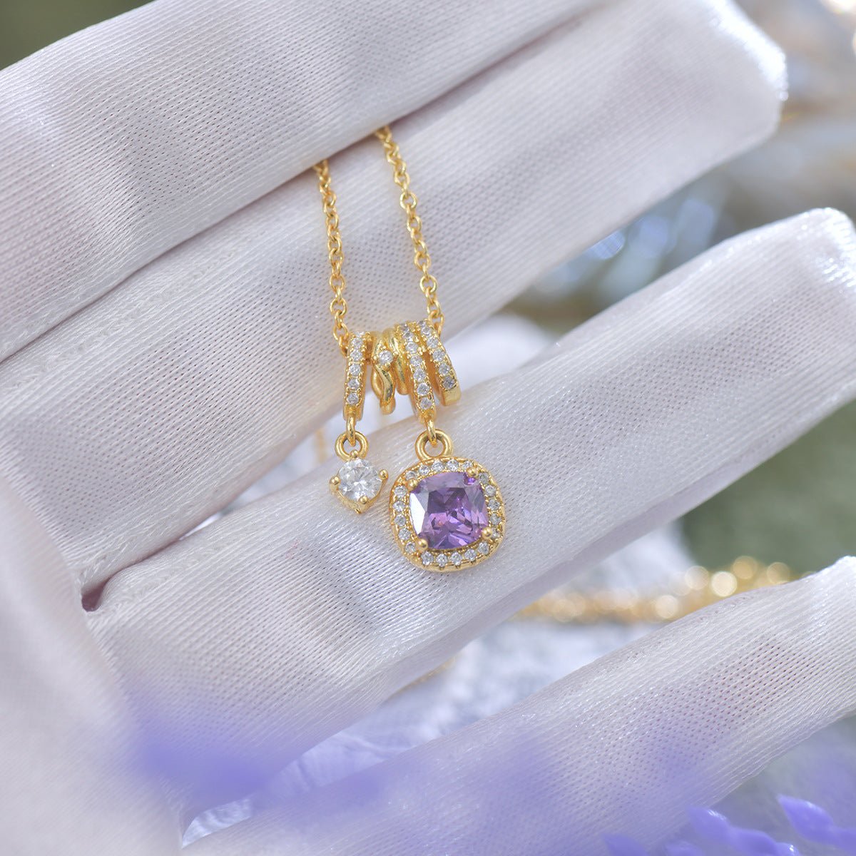 Pavé Halo Regal Amethyst Necklace - Gold Plated - Abbott Atelier