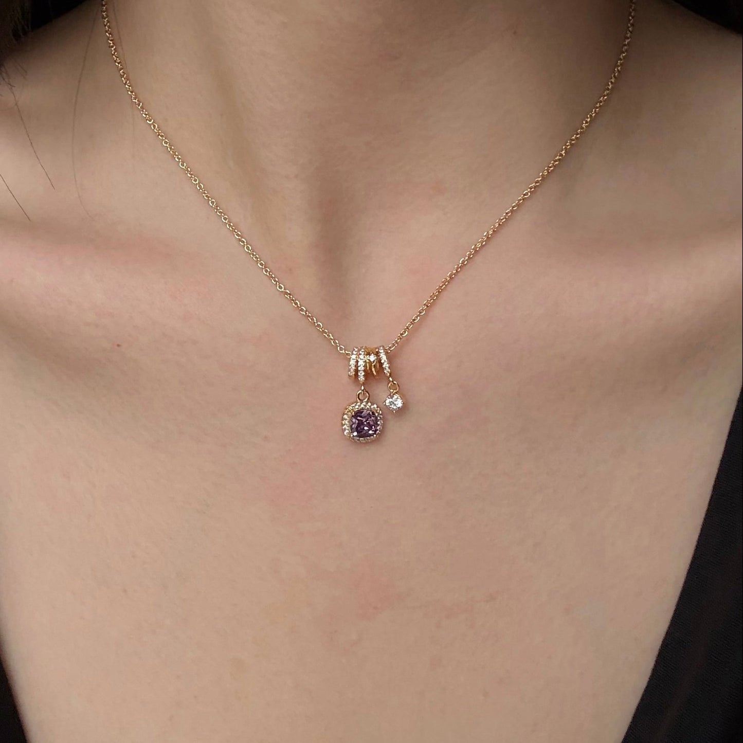 Pavé Halo Regal Amethyst Necklace - Gold Plated - Abbott Atelier