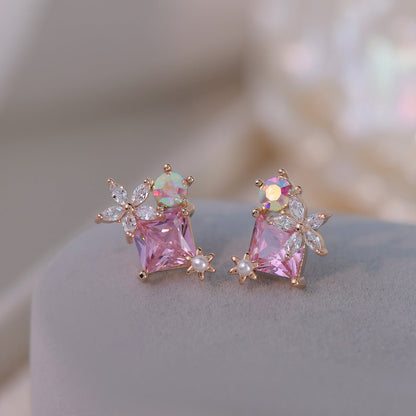 Pink Gem Flower Stud Earrings - Alicia - Hypoallergenic - Abbott Atelier