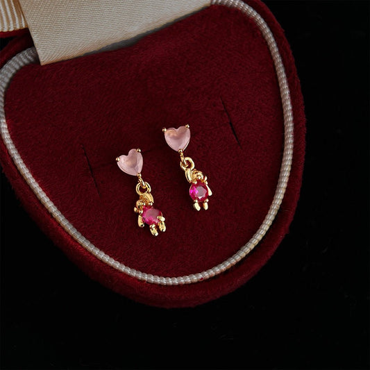 Pink Heart Teddy Earrings - Hypoallergenic - Abbott Atelier
