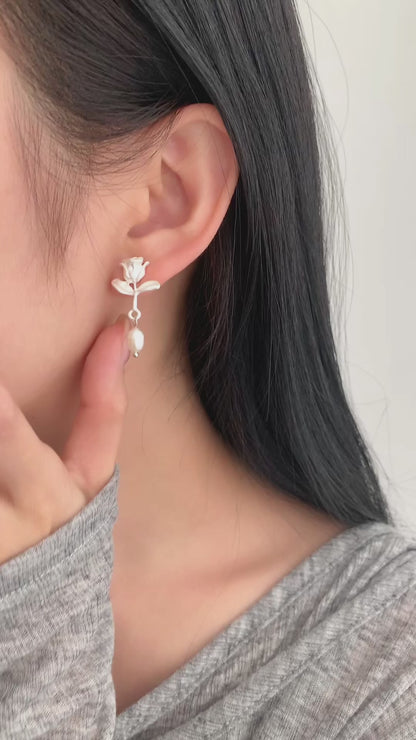 White Rose Pearl Earrings