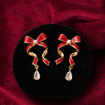 Red Bow Drop Earrings - Hypoallergenic - Abbott Atelier