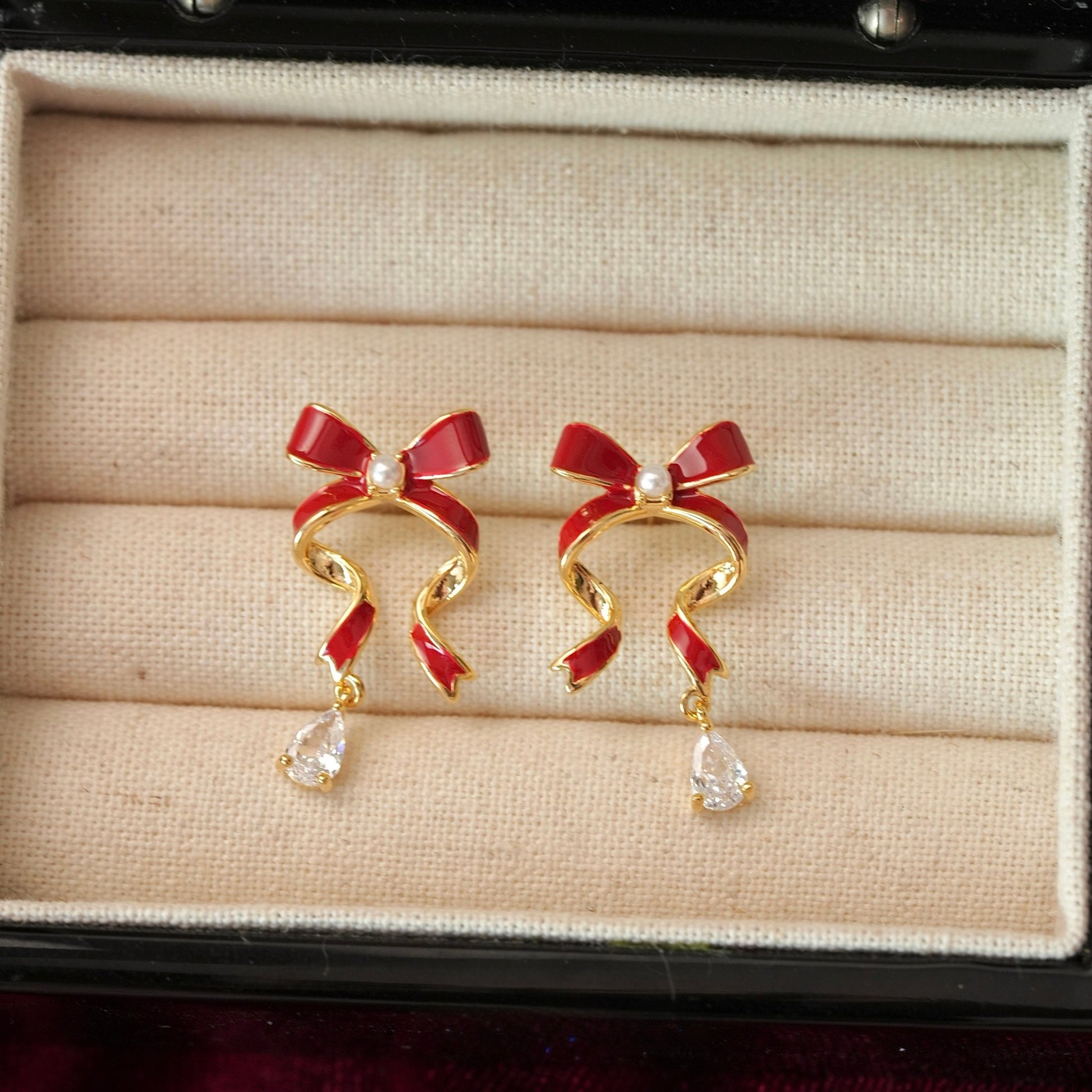 Red Bow Drop Earrings - Hypoallergenic - Abbott Atelier