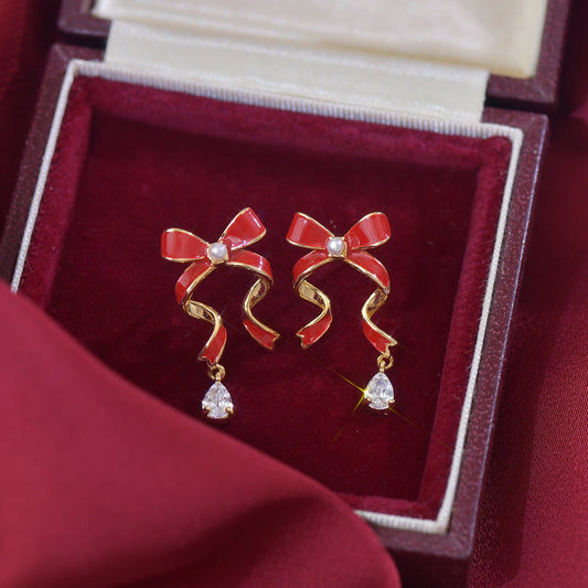 Red Bow Drop Earrings - Hypoallergenic - Abbott Atelier