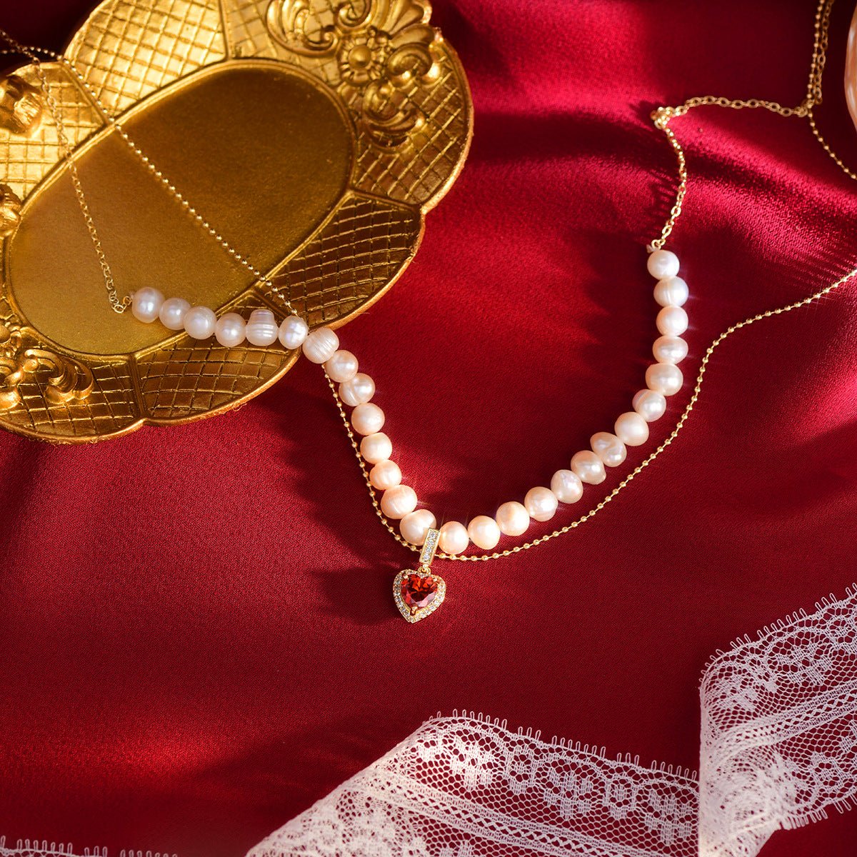 Red Heart Pearl Necklace - Wendy - Gold Plated - Abbott Atelier