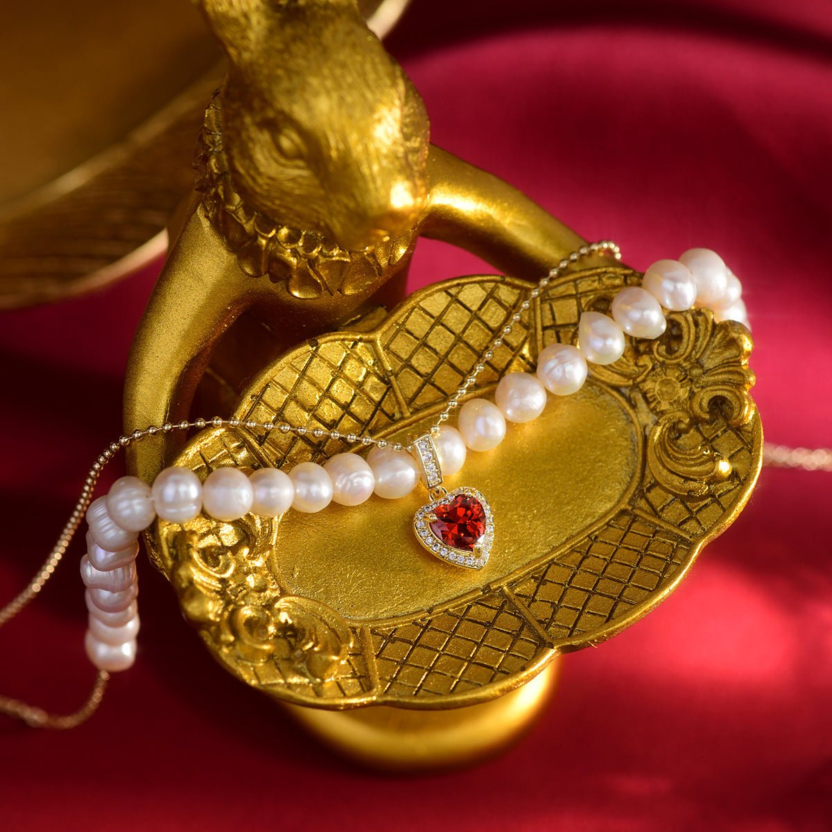 Red Heart Pearl Necklace - Wendy - Gold Plated - Abbott Atelier