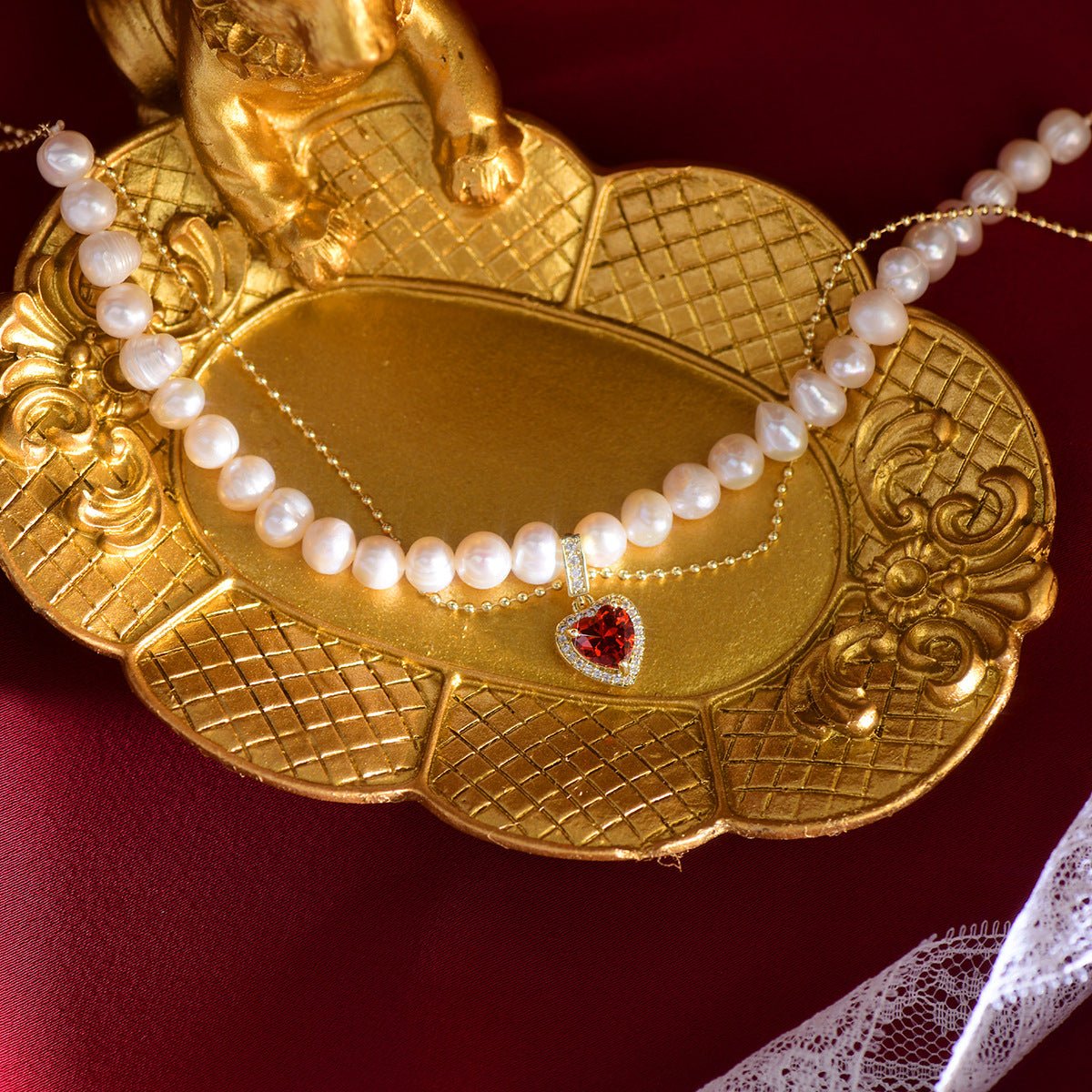 Red Heart Pearl Necklace - Wendy - Gold Plated - Abbott Atelier