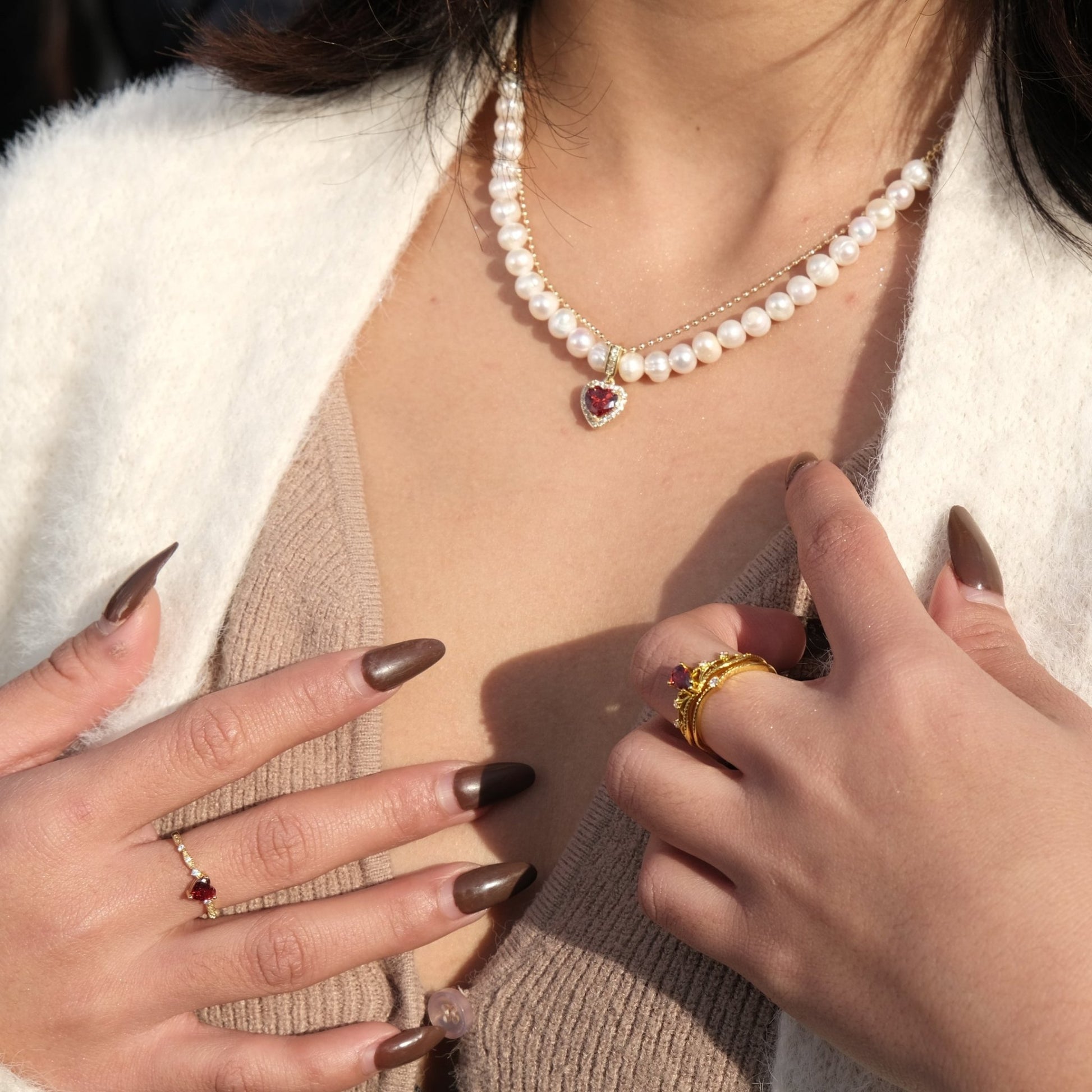 Red Heart Pearl Necklace - Wendy - Gold Plated - Abbott Atelier