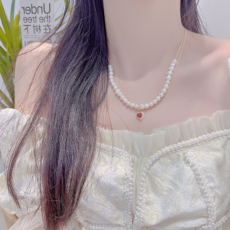 Red Heart Pearl Necklace - Wendy - Gold Plated - Abbott Atelier