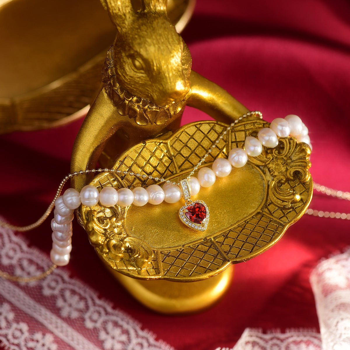 Red Heart Pearl Necklace - Wendy - Gold Plated - Abbott Atelier