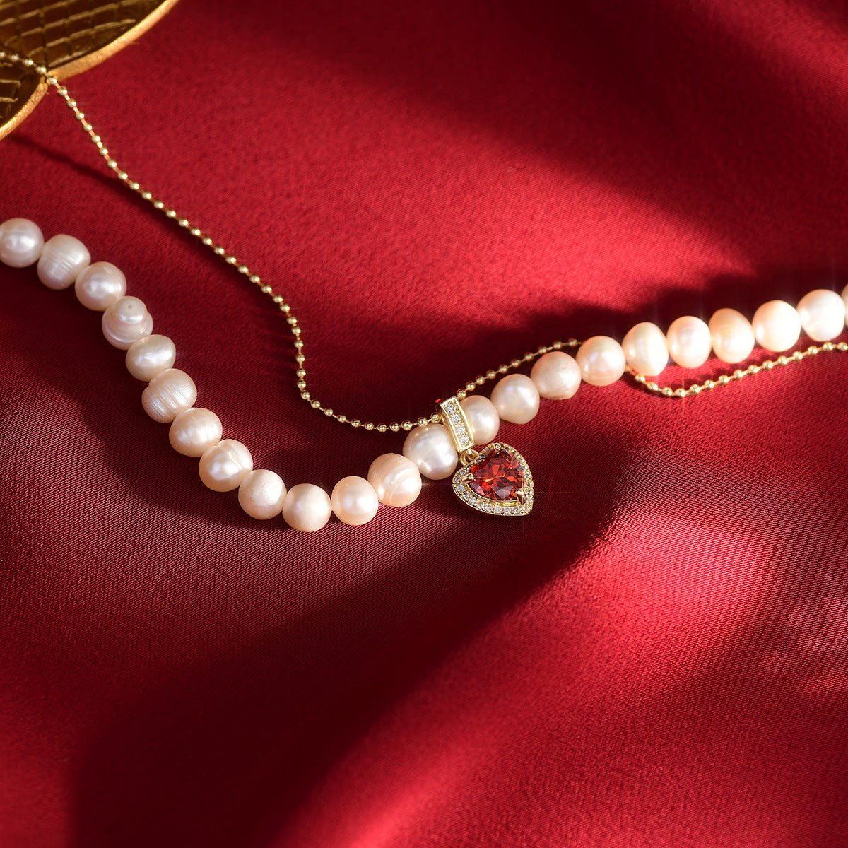 Red Heart Pearl Necklace - Wendy - Gold Plated - Abbott Atelier