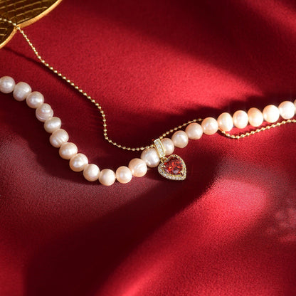 Red Heart Pearl Necklace - Wendy - Gold Plated - Abbott Atelier