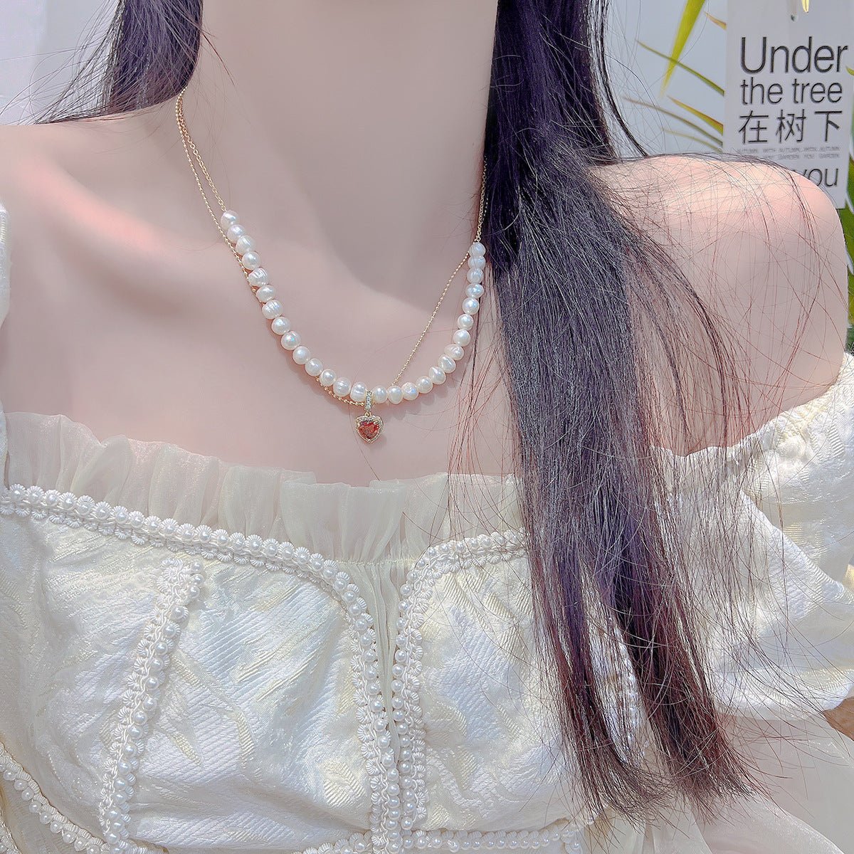Red Heart Pearl Necklace - Wendy - Gold Plated - Abbott Atelier