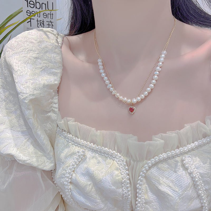 Red Heart Pearl Necklace - Wendy - Gold Plated - Abbott Atelier