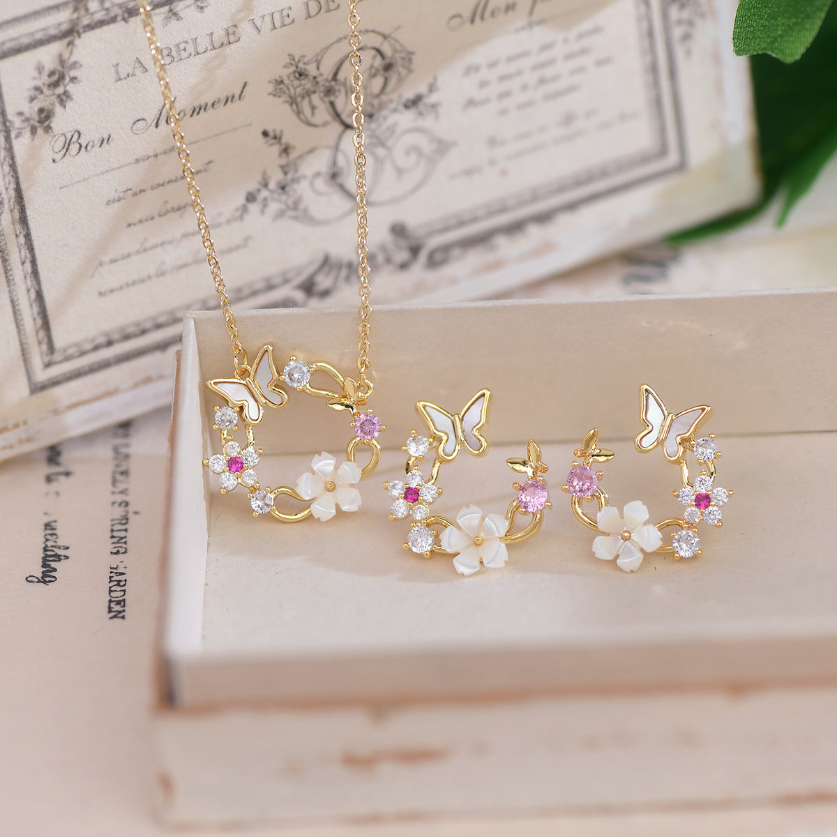 Cherry Blossom Butterfly Set (Earrings/Necklace)