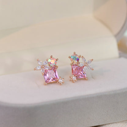 Pink Gem Flower Stud Earrings - Alicia
