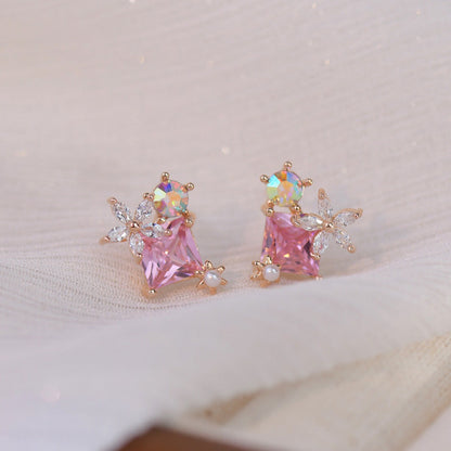 Pink Gem Flower Stud Earrings - Alicia