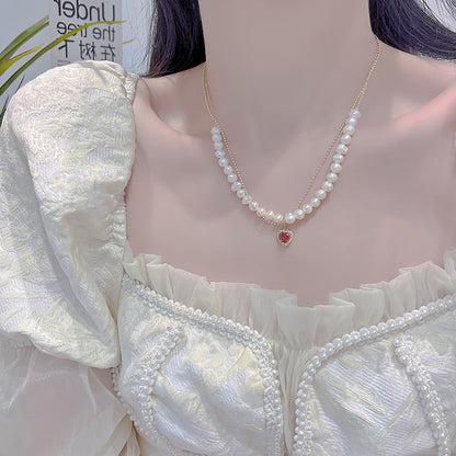 Red Heart Pearl Necklace - Wendy
