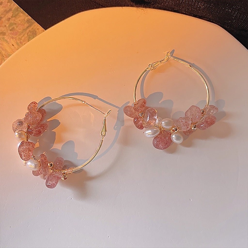 [Clearance] Rose Quartz Hoop Earrings - Gold - Plated - Abbott Atelier