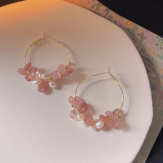 [Clearance] Rose Quartz Hoop Earrings - Gold - Plated - Abbott Atelier
