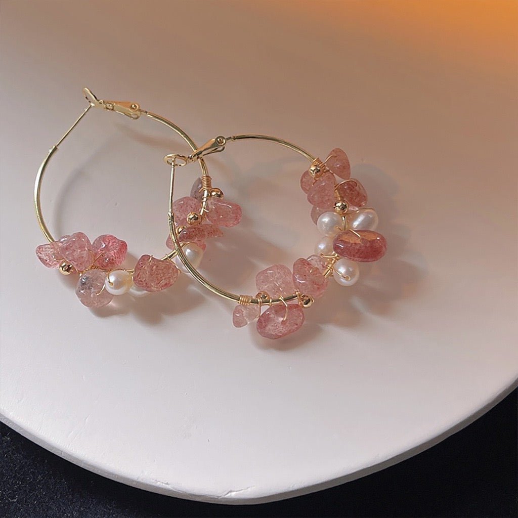 [Clearance] Rose Quartz Hoop Earrings - Gold - Plated - Abbott Atelier