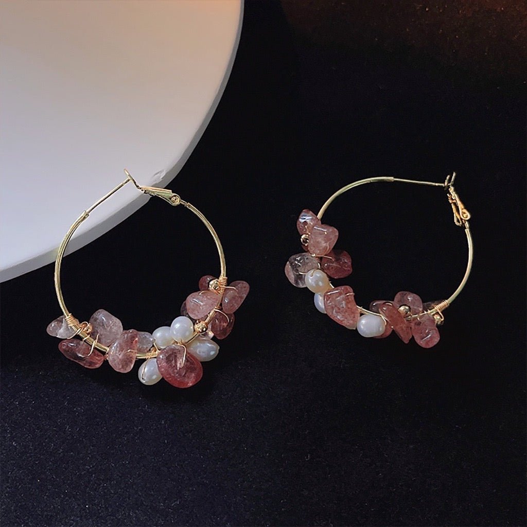 [Clearance] Rose Quartz Hoop Earrings - Gold - Plated - Abbott Atelier
